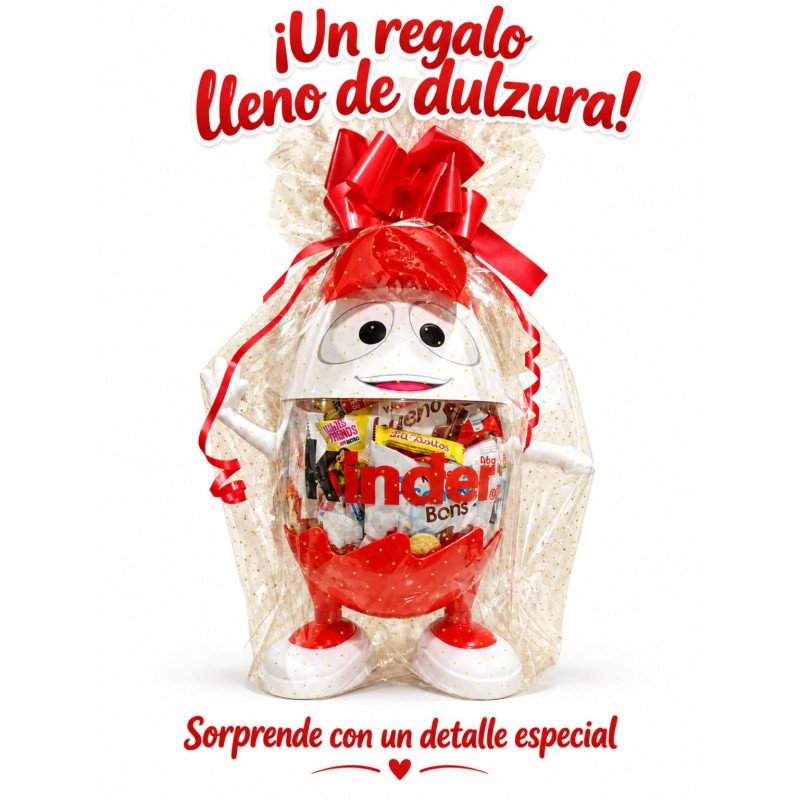 Kinderino relleno de chocolates, snacks y golosinas; presentación envuelta para recogida en tienda